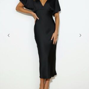 Hello Molly Black Satin V-Neck Midi Dress